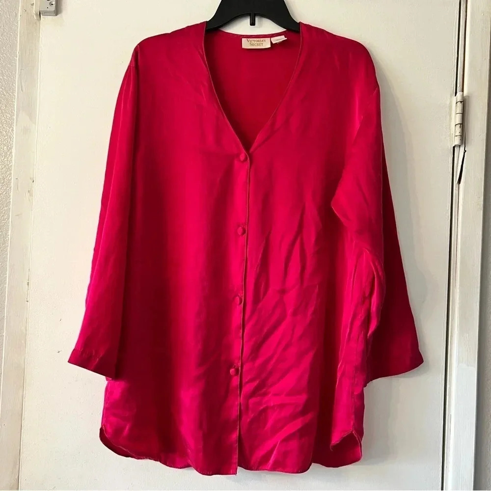 Victoria's Secret Hot Pink Silk Long Sleeve Sleep Shirt Gown Button Down XS S